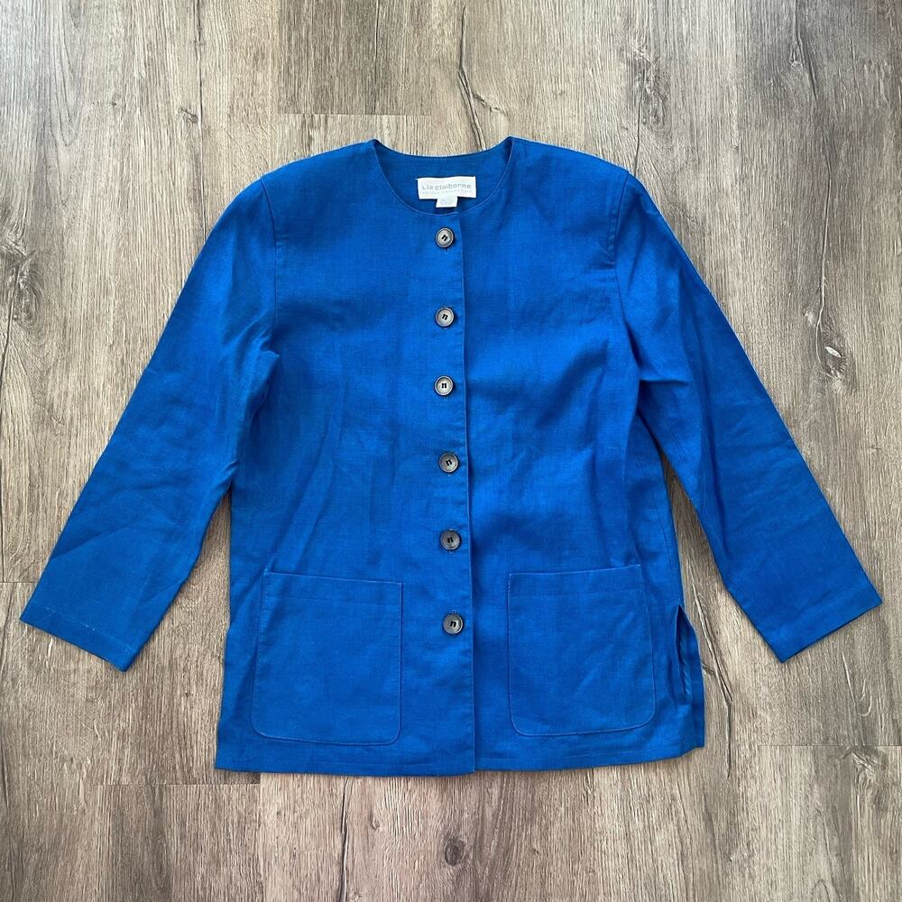 90s Liz Claiborne Linen Shirt Jacket Size 8 P Blue Buttons Pocket Made In USA
